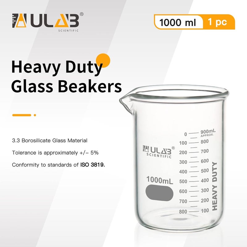 ULAB Heavy Duty Glass Beakers, Vol.1000ml (33.8oz), Borosilicate 3.3 Glass, Thick Wall Beakers, with Double Scale, Superior Durability & Chemical Resistance, UBG1064 - Image 5